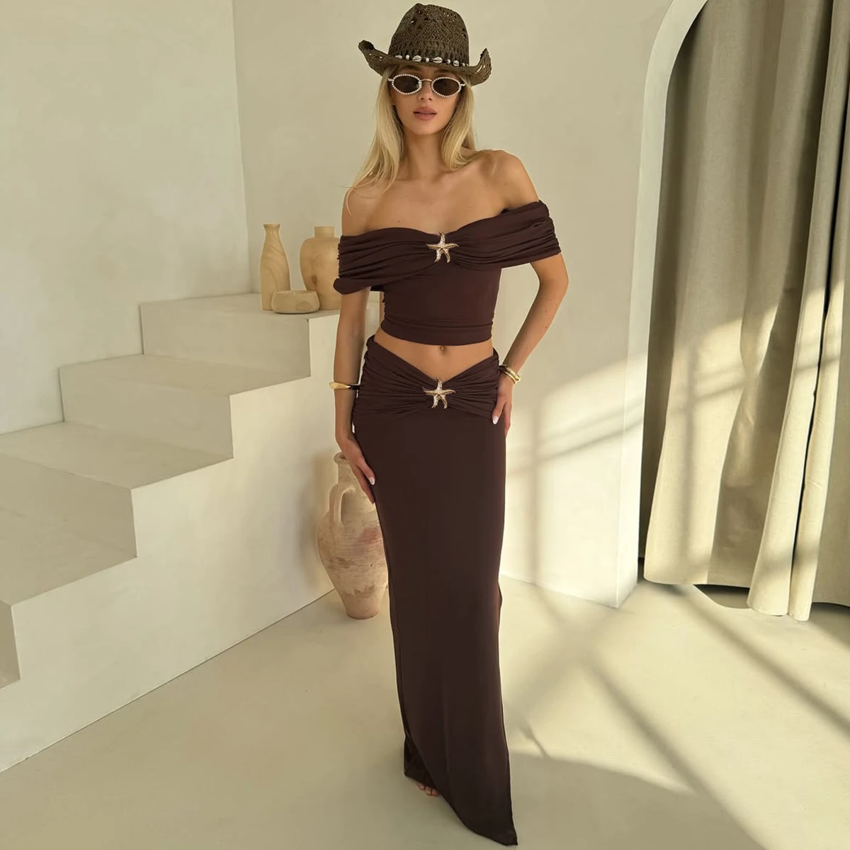 

Женский комплект из 2 предметов в виде морской звезды, женский сексуальный топ с разрезом на шее, длинная юбка, костюм, женский элегантный фестивальный вечерние, ночной клуб, шикарный комплект