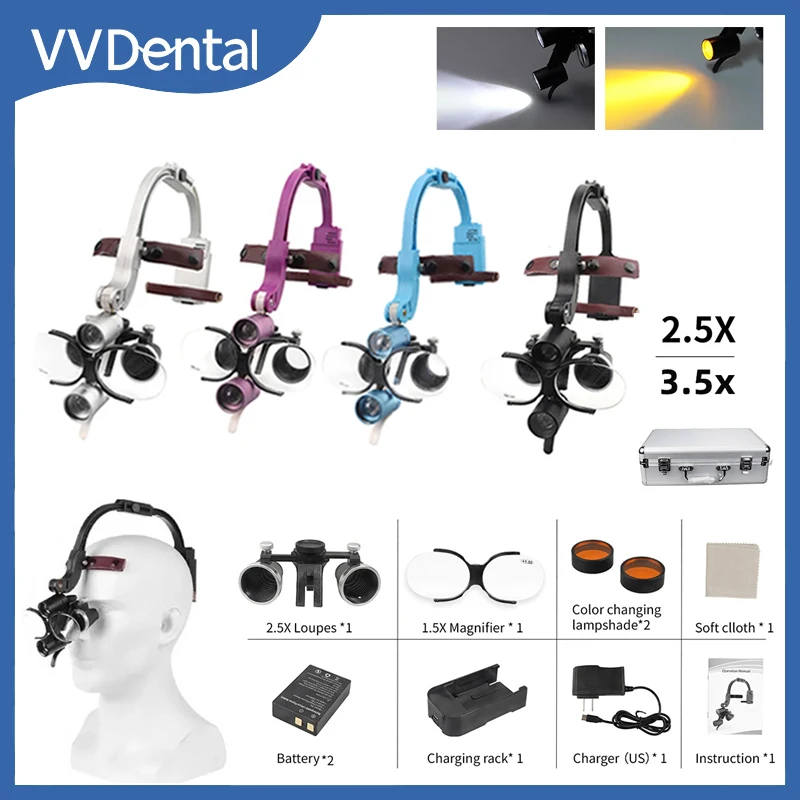 

VVDental Loupes LED Head Light Lamp 2.5X 3.5X Loupe Magnification 5W Binocular Surgical Magnifier Dentist Medical Loupes