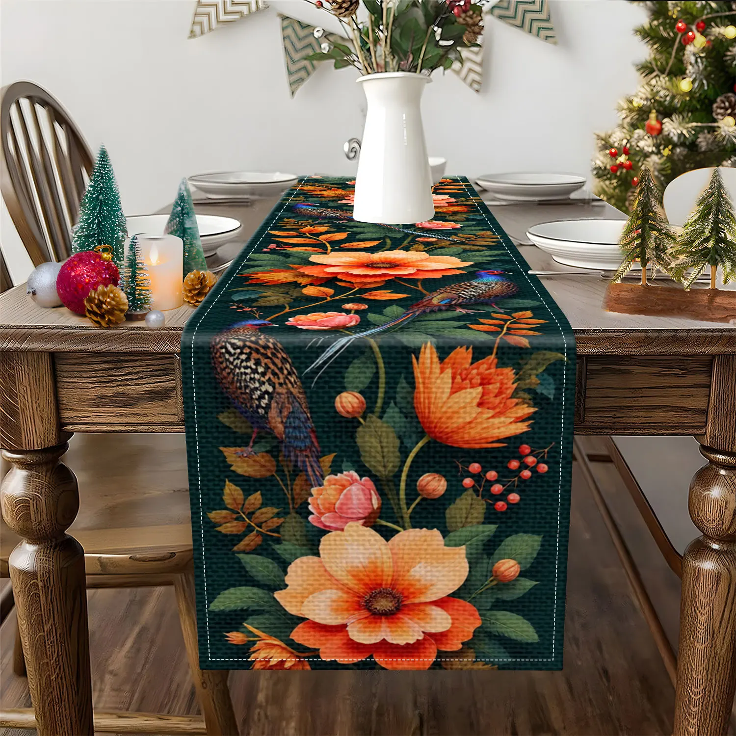 1 Piece of Autumn-Themed Table Runner with Vibrant Autumn Flowers and Colorful Feathered Pheasants, Suitable for Home Decoration, Holiday Parties, Etc