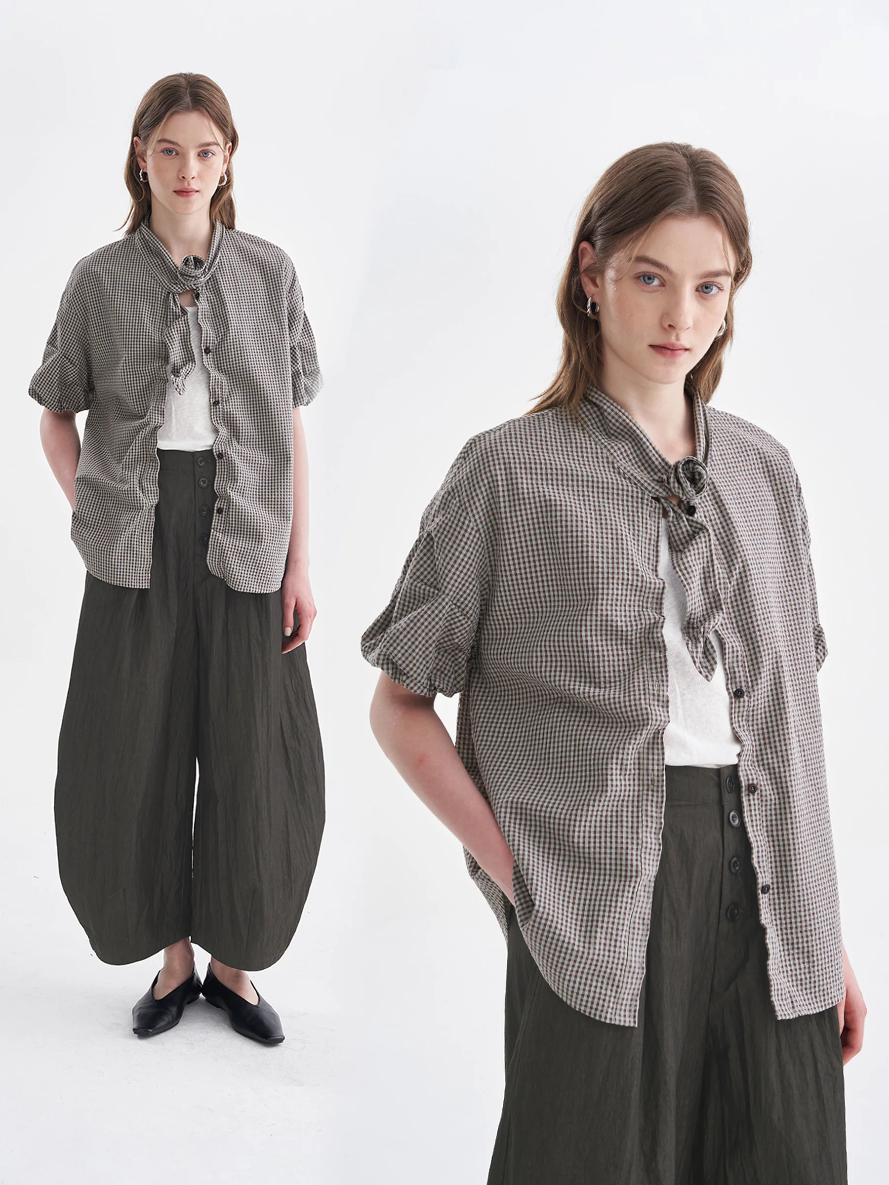 

DotDrobe Japanese Style 100% Cotton Bubble Fabric Short Sleeve Shirt Women's Placket Bow Tie Shirt Loose Fit Summer 2026