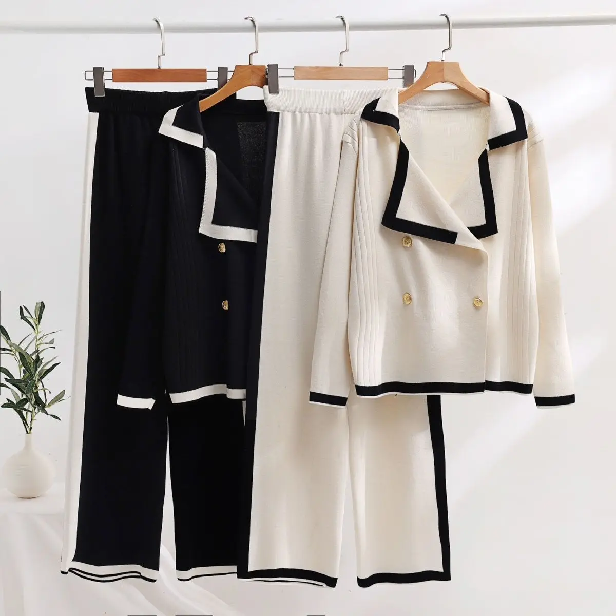 New Knitted Wide Leg Pants Two Piece Set Small Contrast Polo Collar Single breasted Knit High Waist Pants Valentine's Day E1490