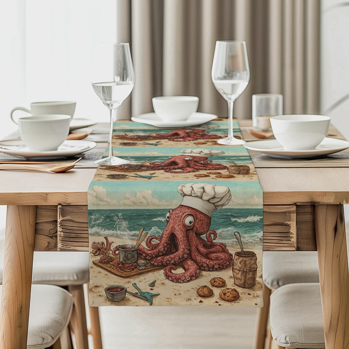 Camino de mesa de Chef de pulpo, decoración de mesa de comedor de granja, postre de Chocolate y galletas, decoración de mesa de fiesta de boda
