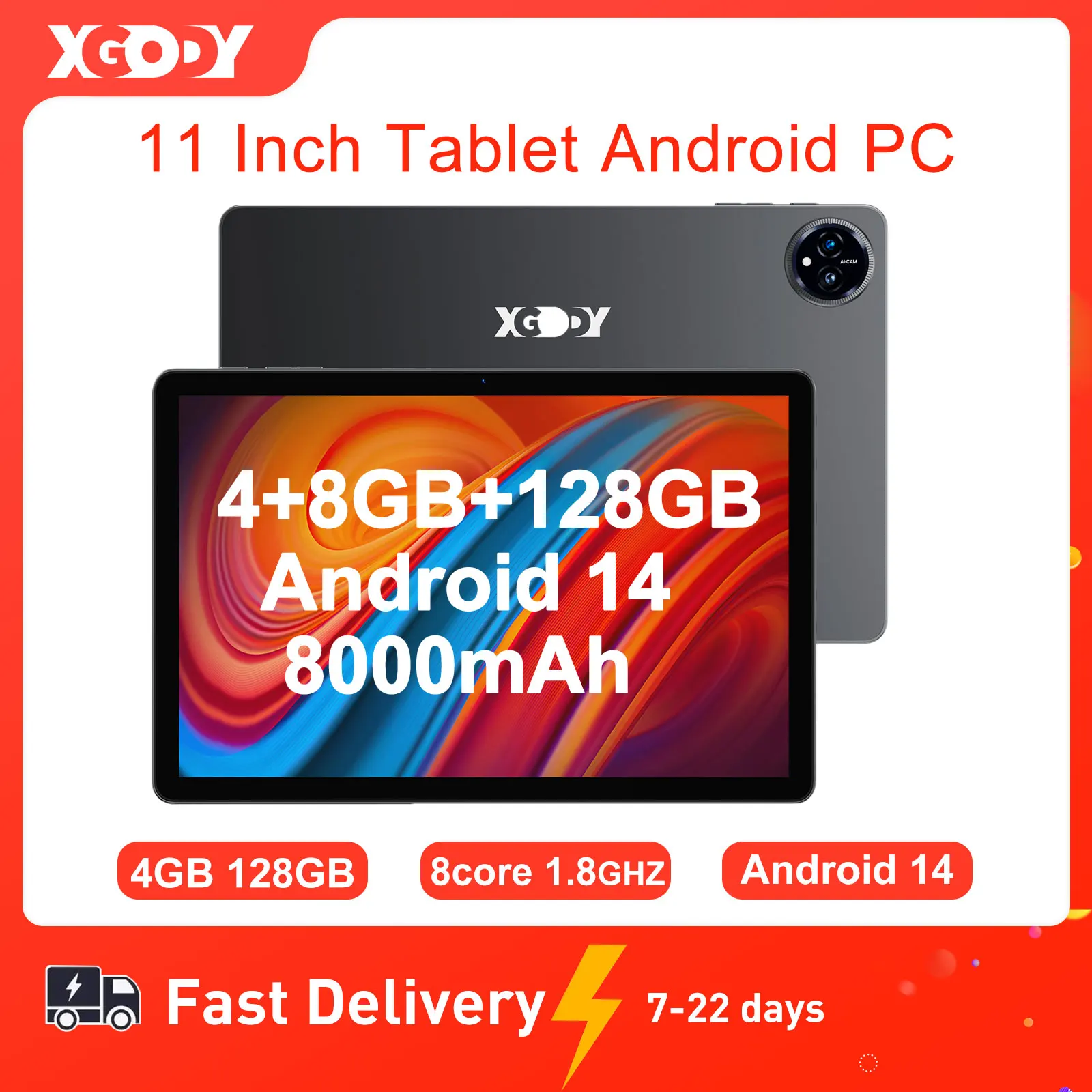 

XGODY WiFi Tablet Android 14 Pc 11" Tablets 4GB RAM 128GB ROM Quad-core 8000mAh wifi6 Bluetooth Ultra-thin IPS Screen 1280x800