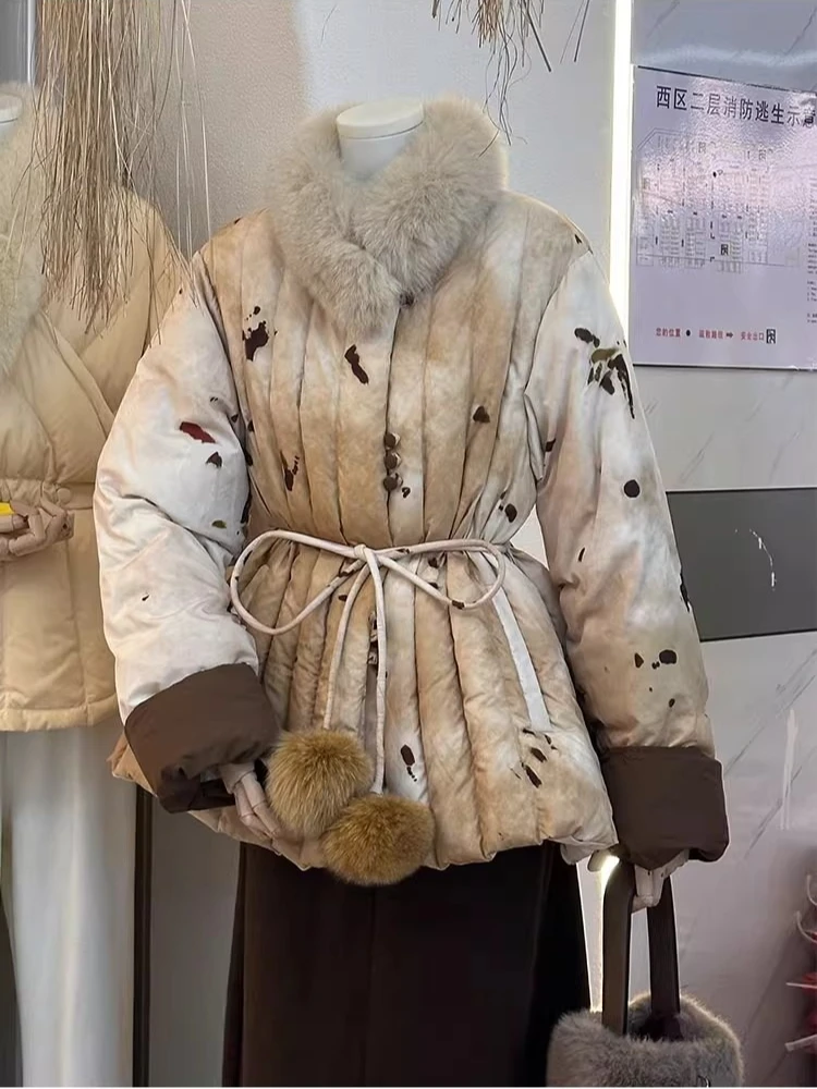 

Винтажный контрастный пуховик, элегантный паркер средней длины со шнуровкой на талии, женское пальто с воротником из лисьего меха, белое пальто с утиным дном, женское пальто