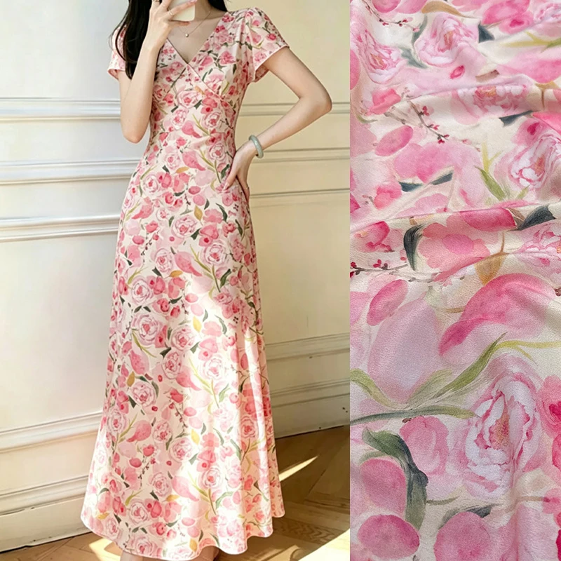 Sweet Pink Floral Printed Stretch Silk Crepe de Chine Fabric for DIY Sewing Dress Pajamas Soft Comfortable Silk Fabric FR7004