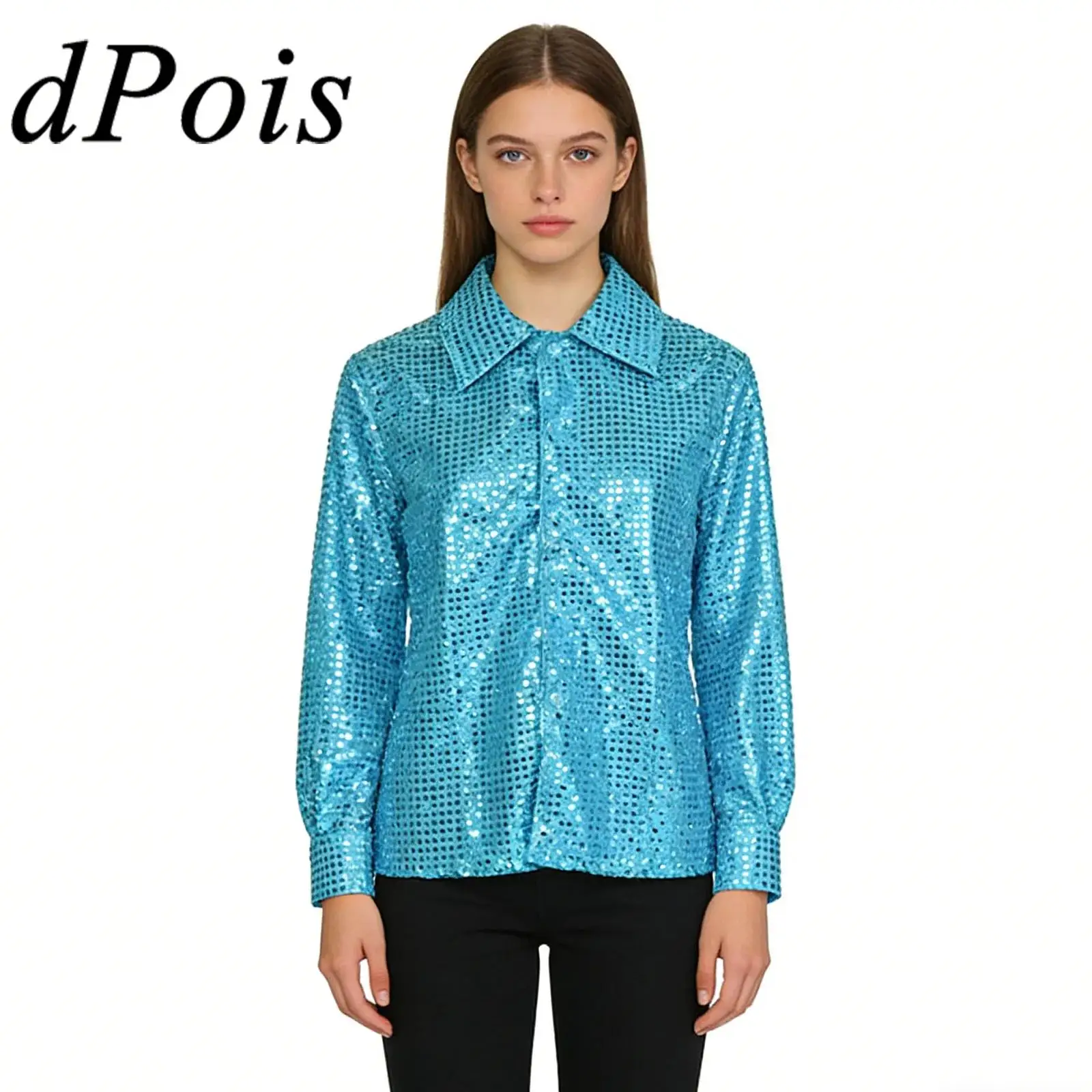 

Womens Mens 80s Disco Shirts Tops Unisex Shiny Sequin Shirt Turn-down Collar Loose Blouse Vintage Club Top Outfit Party Costumes