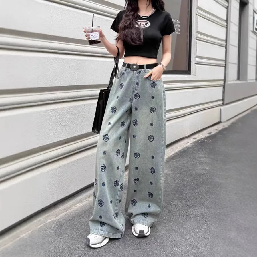 

Удобные джинсы прямого кроя с вышивкой, тонкие широкие брюки, модные повседневные свободные джинсы для женщин