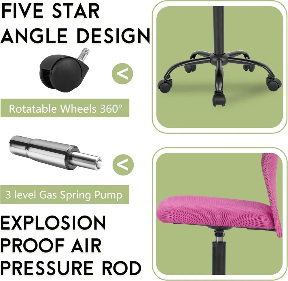 كرسي مكتب شبكي مريح مع دعم قطني، تصميم بدون ذراع، دوار دوار - وردي #5