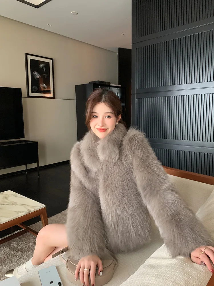 Women Faux Fox Fur Coats Solid Fur Jackets Cotton Linen Stand Collar Long Sleeves Open Stitch Loose Casual 2026 Autumn Winter