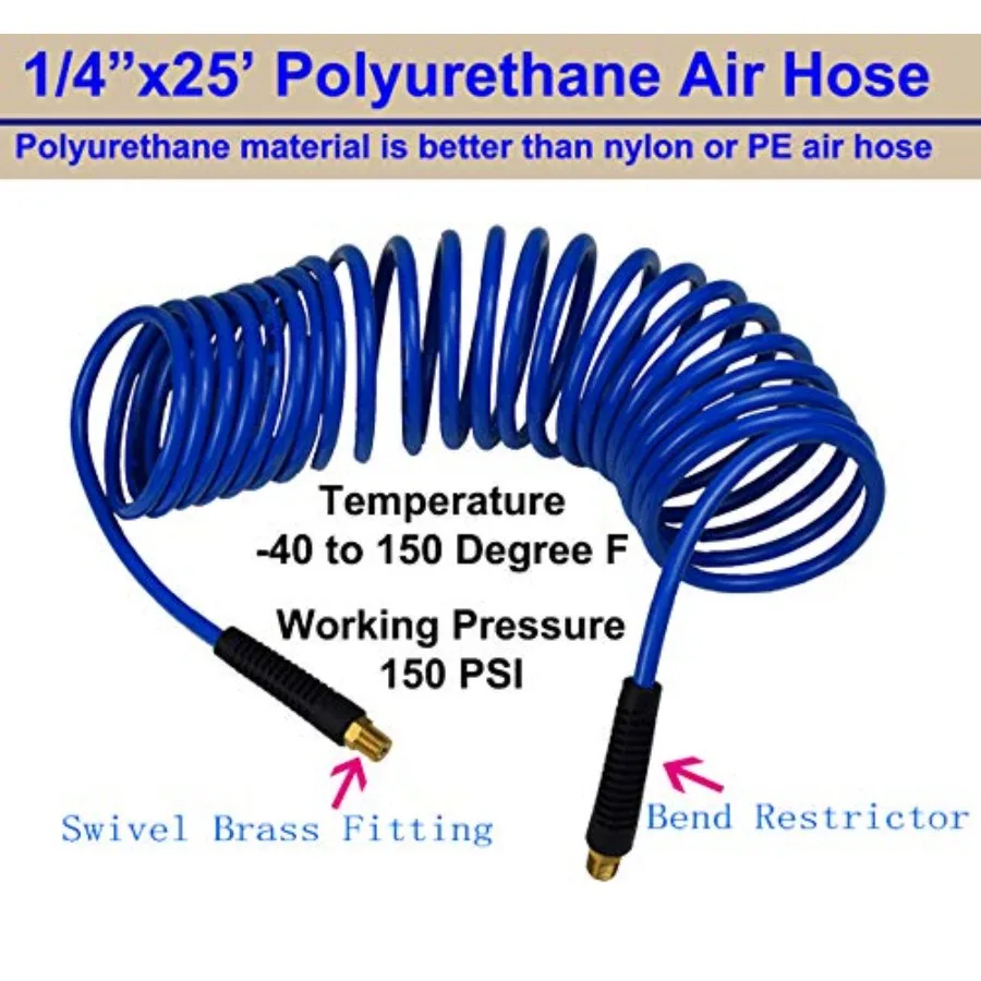 YOTOOヘビーデューティーエアコンプレッサーアクセサリーキット20点セット、1/4インチ×25フィートポリウレタンエアコンプレッサーホース100PSIタイヤ付き