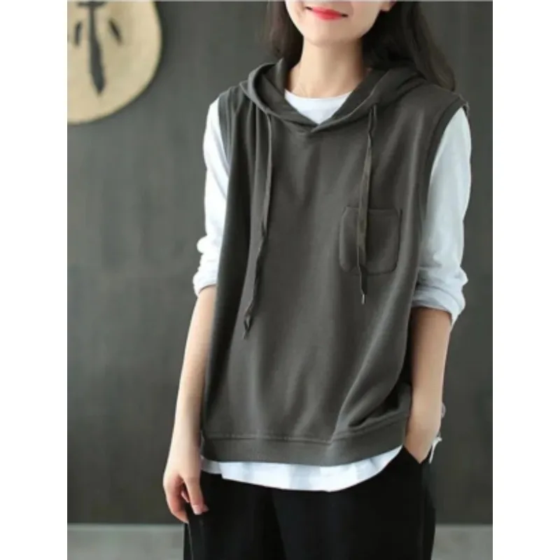 Casual Cotton Hooded Vest Loose Pullover Sleeveless Top Oversized Cotton Pullover Vest Versatile Hooded Sleeveless Sweatshirt
