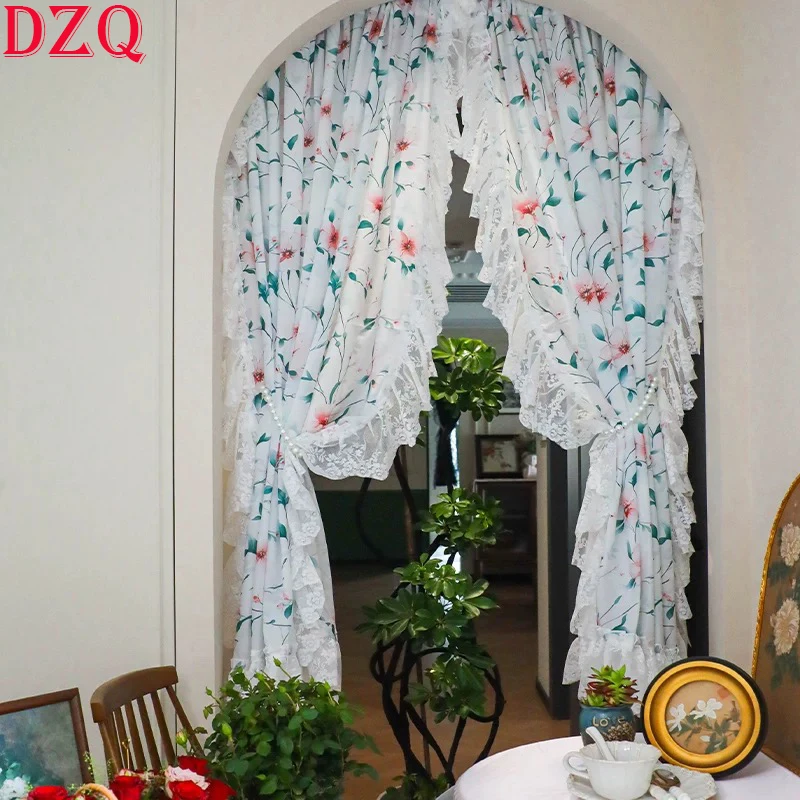 Idyllic Beautiful Flowers Lace Tulle Curtains for Living Room Warp Ruffled Rural Gauze Door Curtain for Kitchen Bedroom #A648
