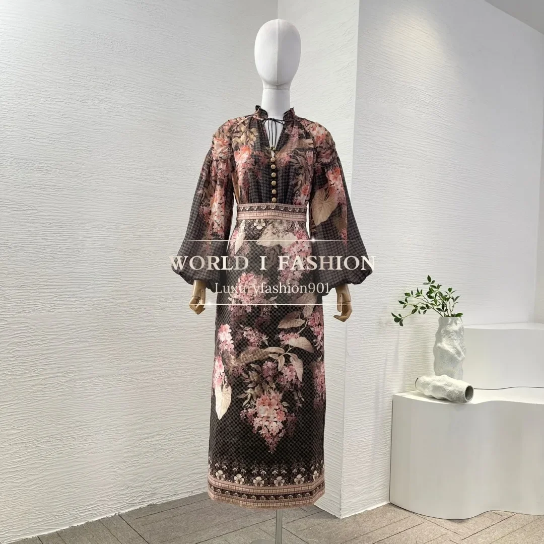 

High Quality Black Red Floral Print Long Sleeve Pleat Blouse Tops and Skirt Set