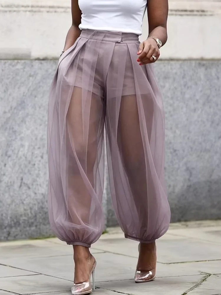 Fashion Elegant Simple Mesh Patchwork Chic Spring Summer Casual Bloomers Pants Women Holiday High Waist Trousers Streetwear 2026