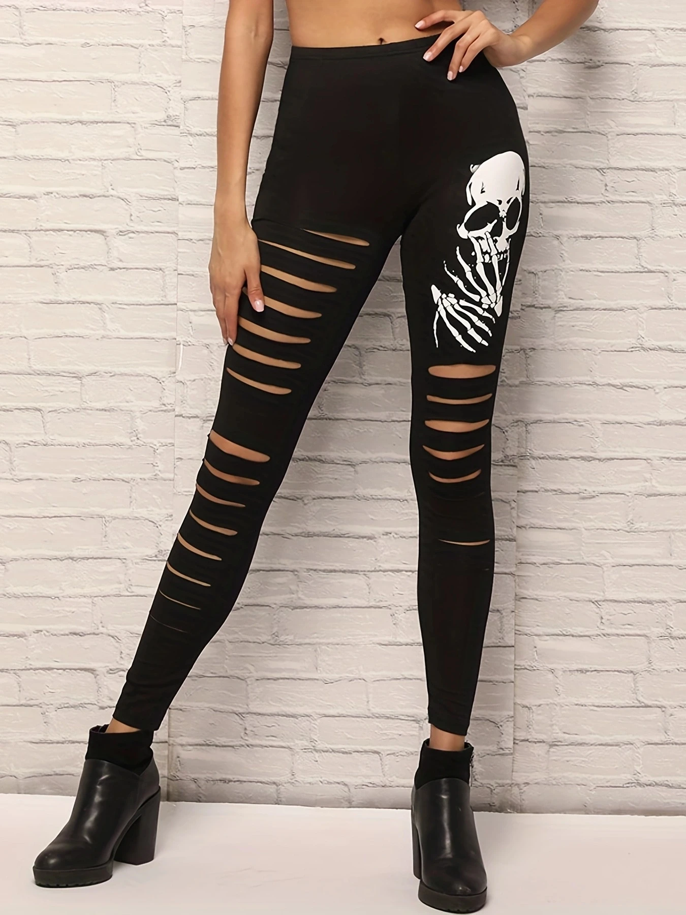 New European-style Ripped Niners Fashion Skull Print Leggings Gothic Style Halloween Print Ripped Little Feet Pants Women