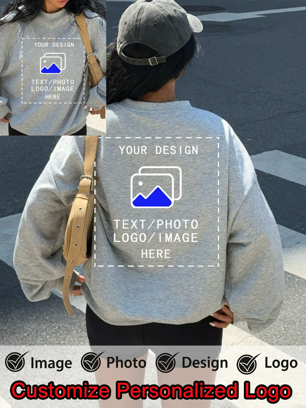 Korean Customize Womens Sweatshirts Casual Fleece Warm Oversized Hoodies DIY Your Graphic Pullovers Autumn Basic Woman Clothes