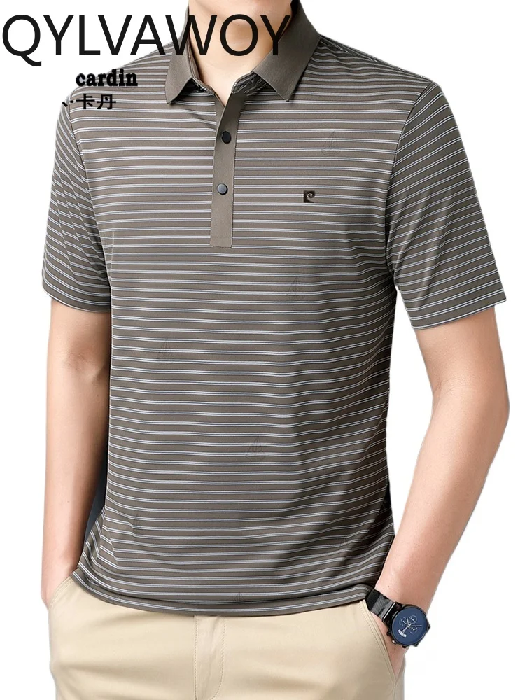 

QYLVAWOY 100% SILK 2025 Summer 100% Silk Men's Middle-Aged Lapel Short-Sleeve Polo Shirt High-End Real Silk T-Shirt LJ2218
