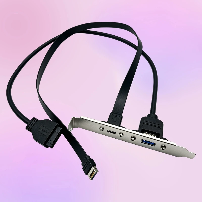 50CM 2 Port USB 3.2 GEN2*2 20Gb Type C + USB3.0 Front Panel Type-E To Type-C Female Black Extension Cable With Panel Mount Screw