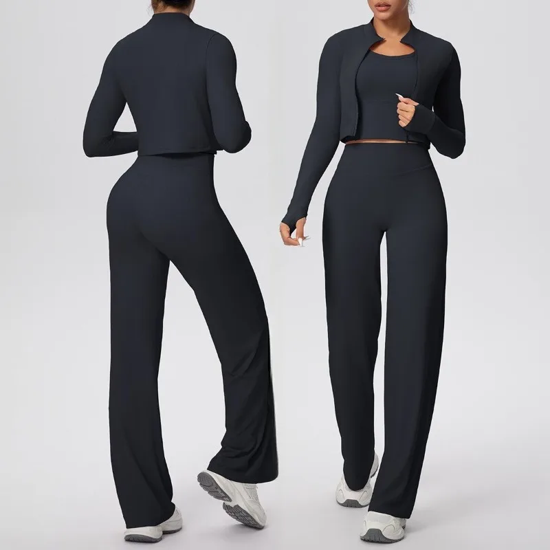 

Women's Yoga Set Quick Drying Solid Color Tight Fitting High Elasticity Sports Three Piece Set Outdoor and Leisure Fitness Suit