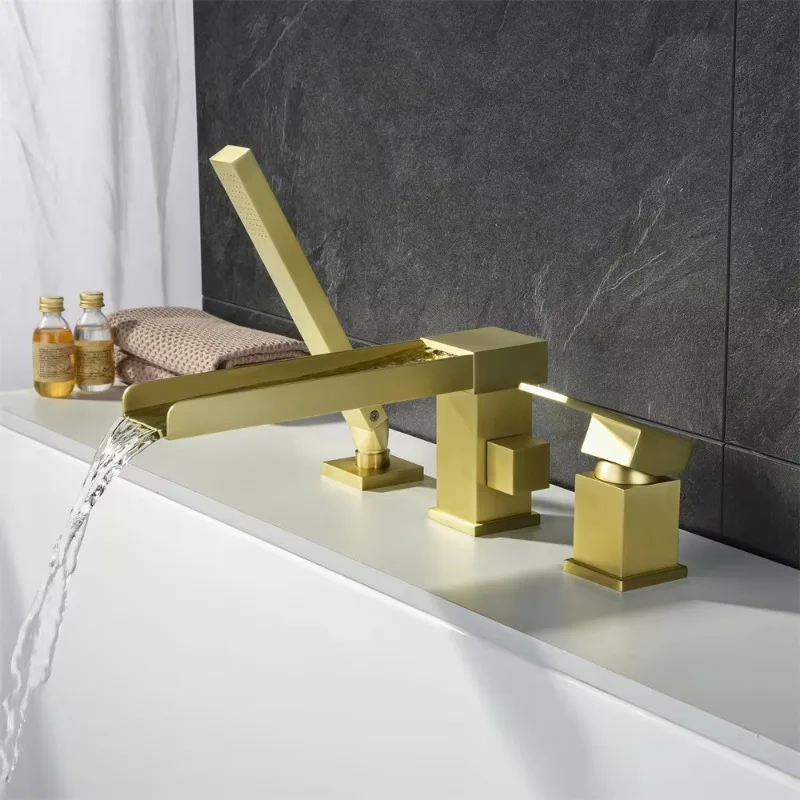 

【Best-selling】Fancy Brushed Gold Finished Tub Mounted Waterfall Tub Filler Bath Faucet With Shower Handle