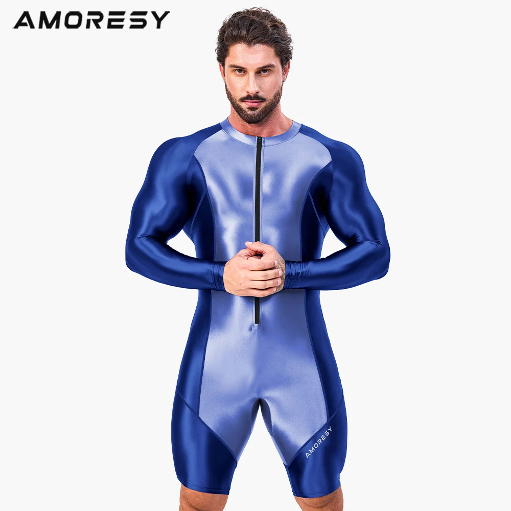 AMORESY-Conjuntos de chándales para hombre, Tops, Leggings brillantes, deportes, Fitness, correr, cremallera frontal, Catsuit, monos multiusos