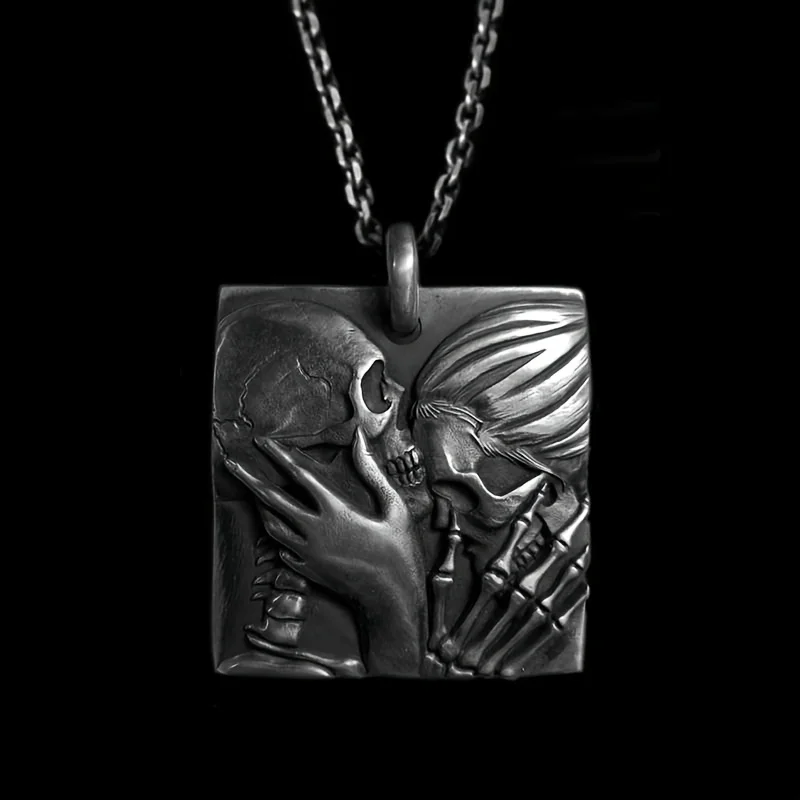 Hip Hop Punk Handmade Silvery Skull Necklace Vintage Gothic Love Never Dies Skeleton Devout Faith Pendant Necklace Everyday Gift