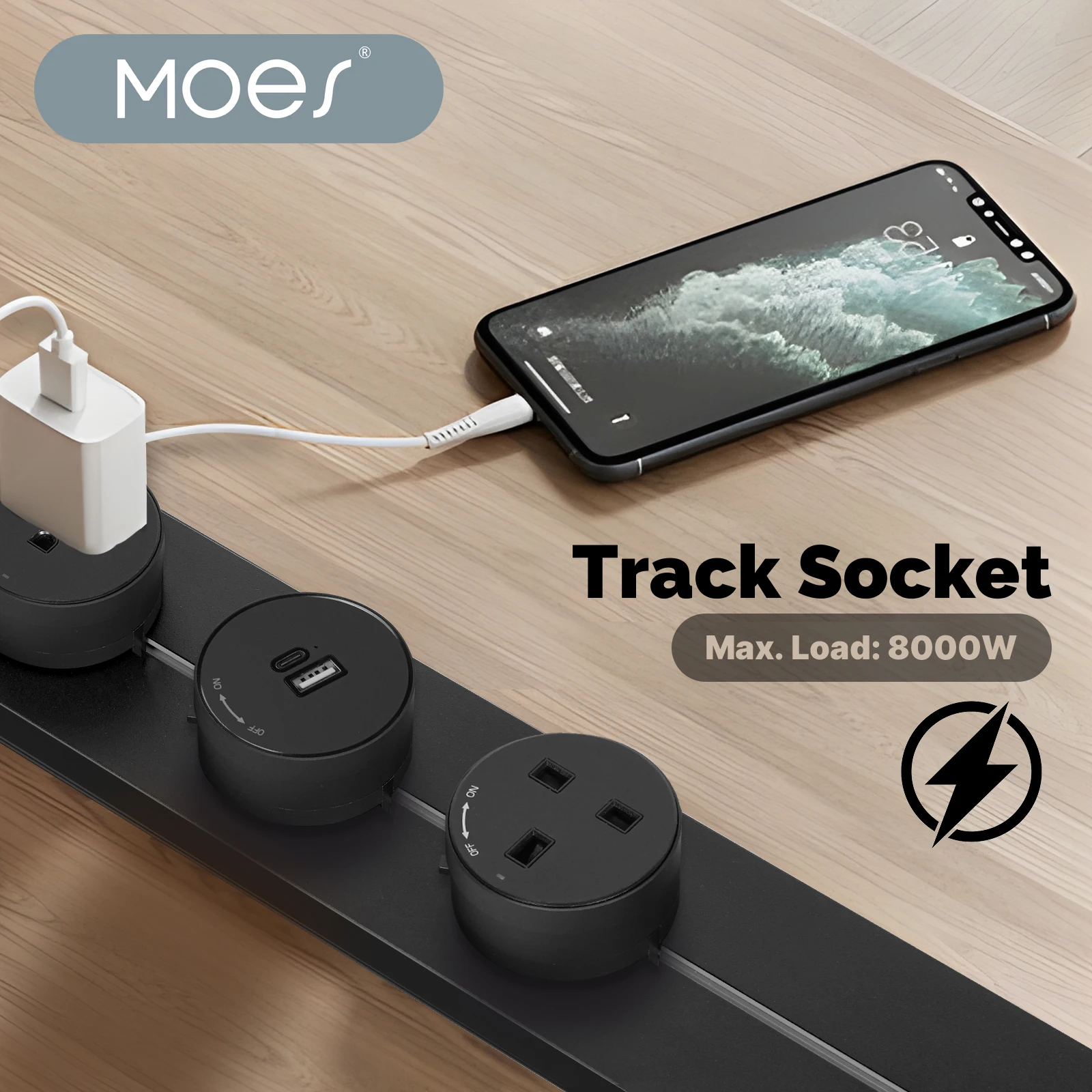 MOES Wall Power Track Socket Movable Guide Slide Rail Desk Home Kitchen Office Electric Plug Adapter EU UK USB Type-C Universal