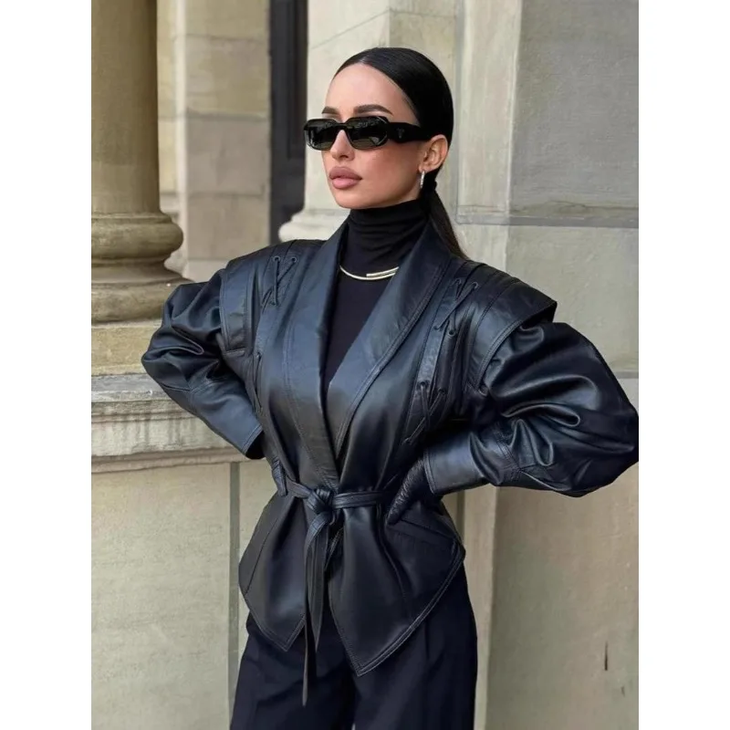 Nueva chaqueta de cuero con cordones Retro de invierno Popular transfronterizo europeo y americano chaqueta de cuero Pu con solapa de moda informal para mujer