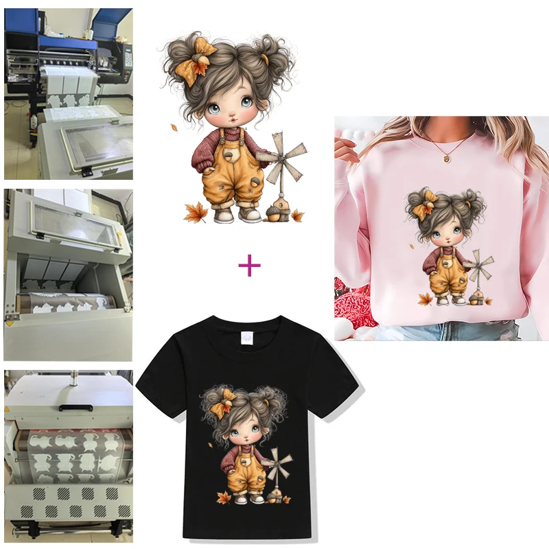 Cartoon girl Autumn harvest pumpkin heat transfer iron on printing vinyl stickers T-shirt stickers Toy doll clothing decoration