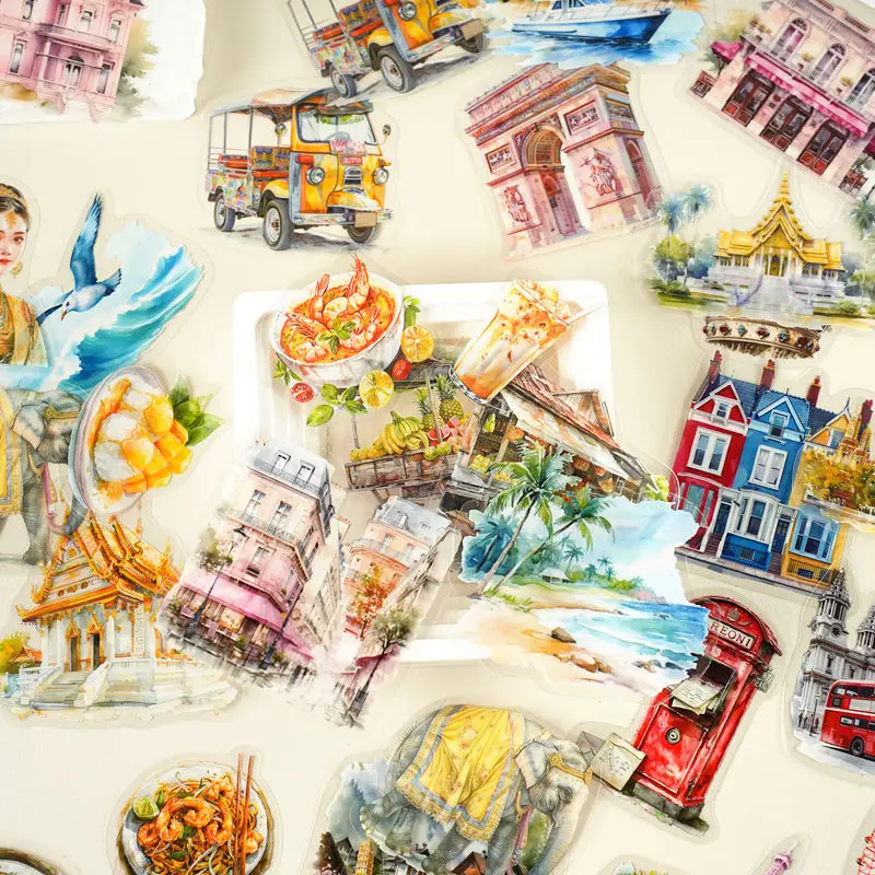 30pcs Renowned Buildings From Various Countries with Retro Romance. PET Waterproof Collage Multi Style Fun Collage DIY Stickers