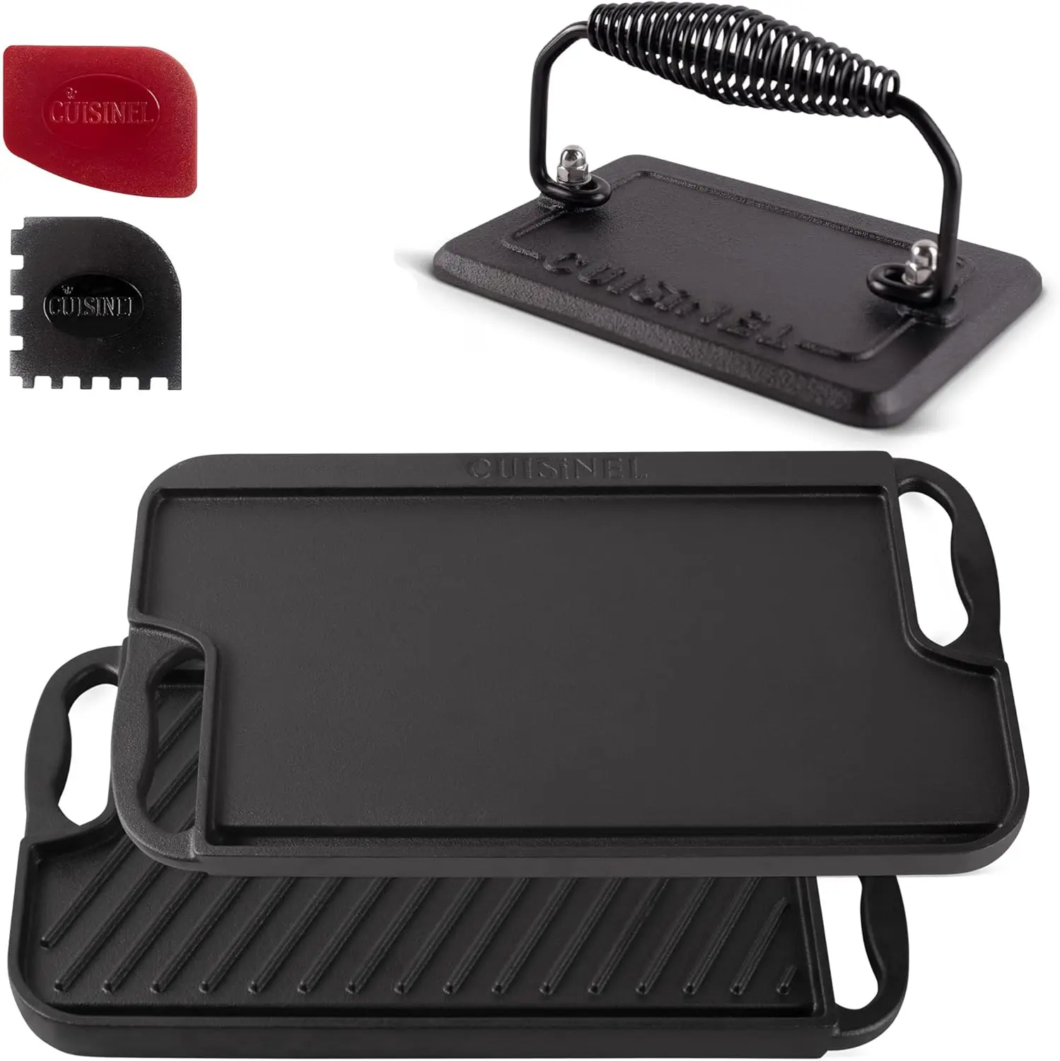 

Reversible Cast Iron Griddle Grill with Burger Press and Scrapers, 16.75x9.5-inch Dual Handle Pan for Indoor Outdoor Cooking