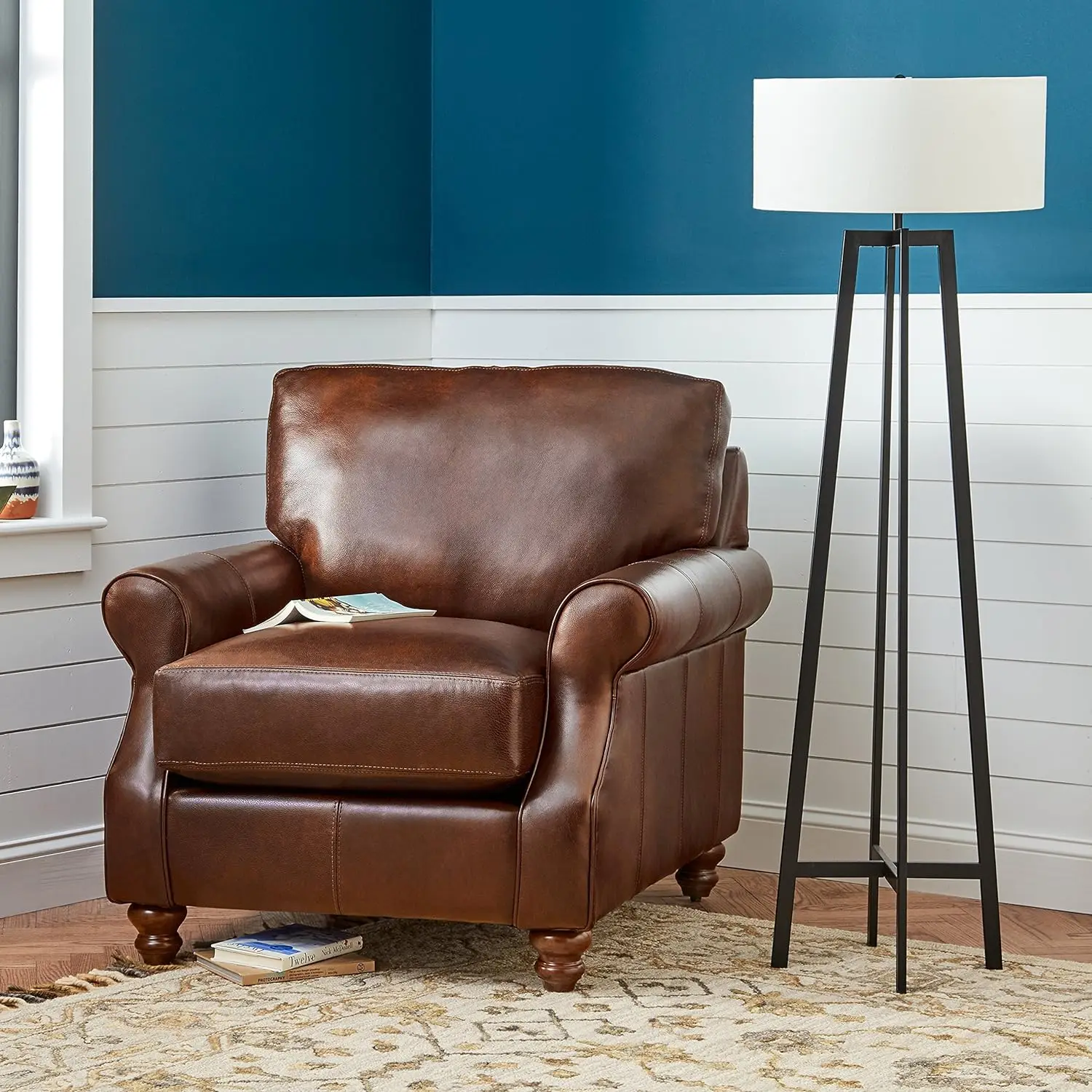 Pedra e Beam Deco Standing Lâmpada de Assoalho com Lâmpada, Metal Frame, Sombra Branca, Sala de Estar Decor, 18x18x59,5 Polegadas