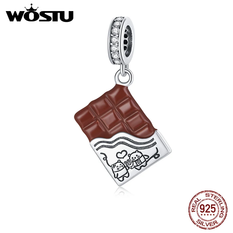 WOSTU Original 925 Sterling Silver Chocolate Love Charm Dazzling CZ Bead Pendant Fit Silver Bracelet Necklace Jewelry CQC1782