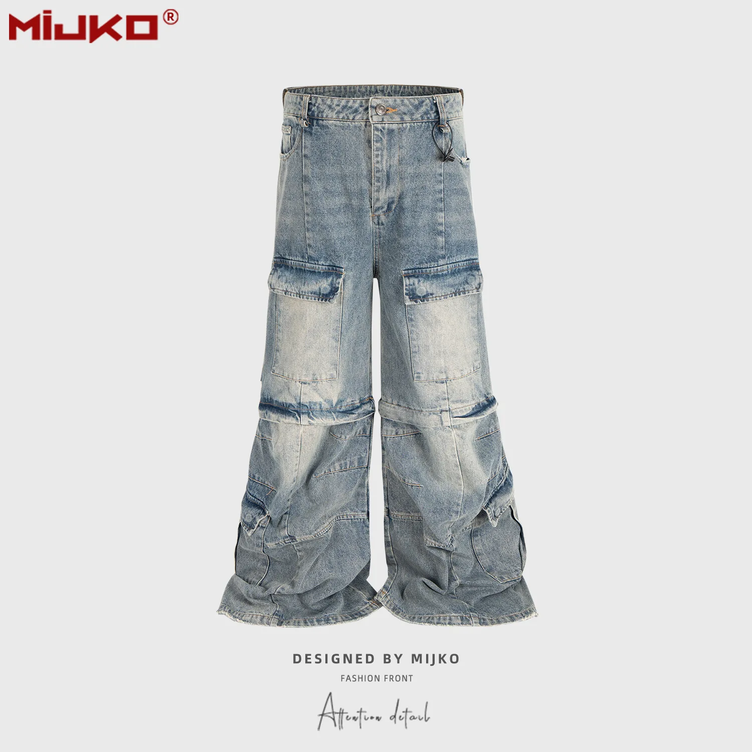 

MIJKO Baggy Jeans Vintage Washed Detachable Flared Cargos Mens Straight Casual Overalls Oversized Boot Cut Black Blue Pants