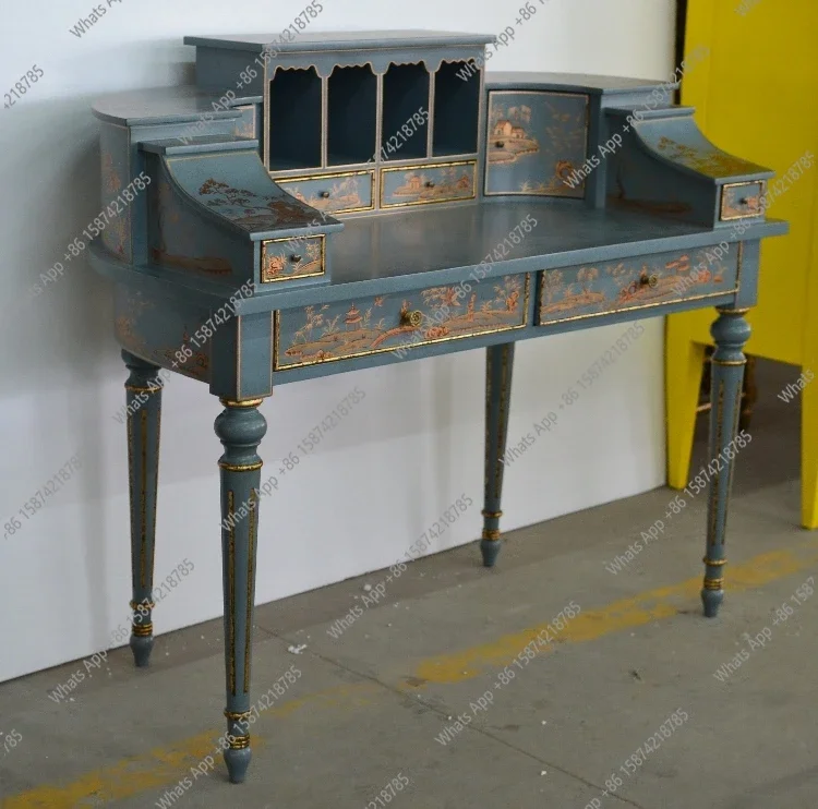 

S69 Французский ручной роспись пейзаж из массива дерева Европейский 1,22 м Черный письменный стол в форме пианино Комод с несколькими ящиками