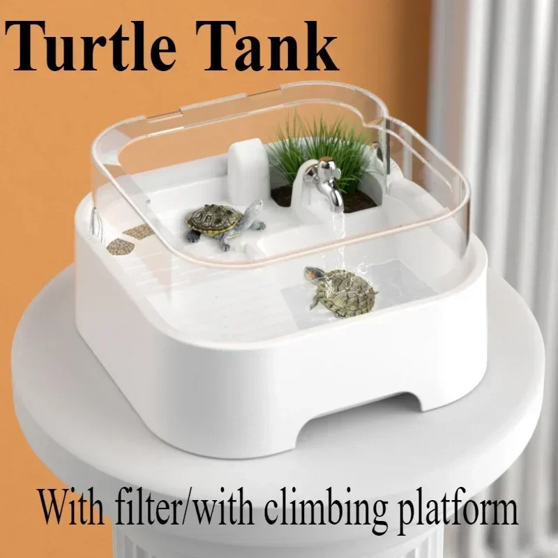 

Water Turtles Cage Reptile Habitat Plastic Turtle Tank House with Filter Swim Bask Indoor Enclosure Home Desktop Decoration