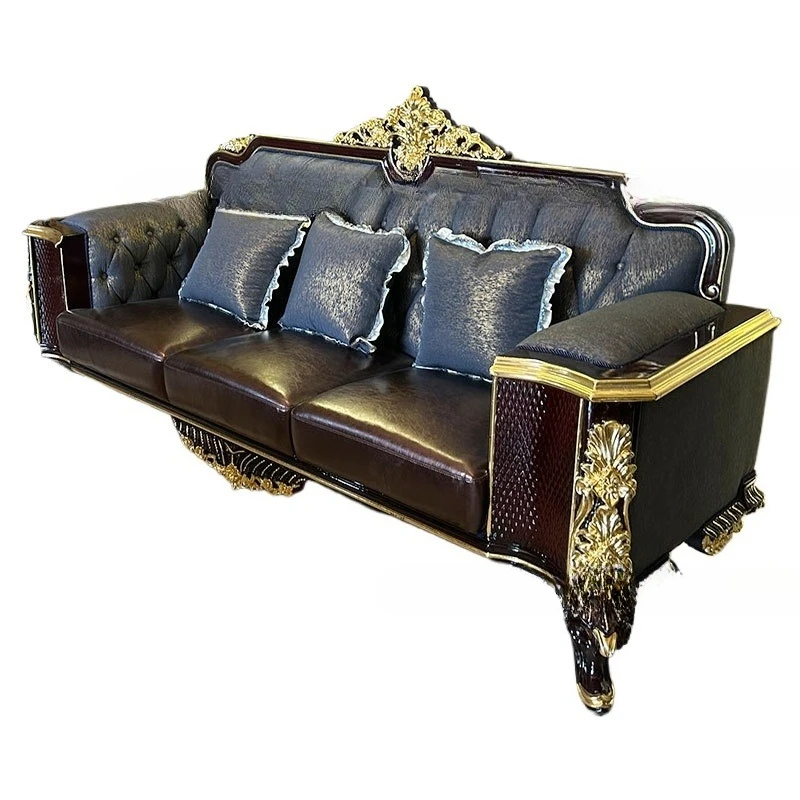 مجموعة أريكة قماشية من الجلد الأسود لغرفة المعيشة فيلا فرنسية نوبل مزيج من الخشب الصلب الفاخر الأوروبي الفاخر #3