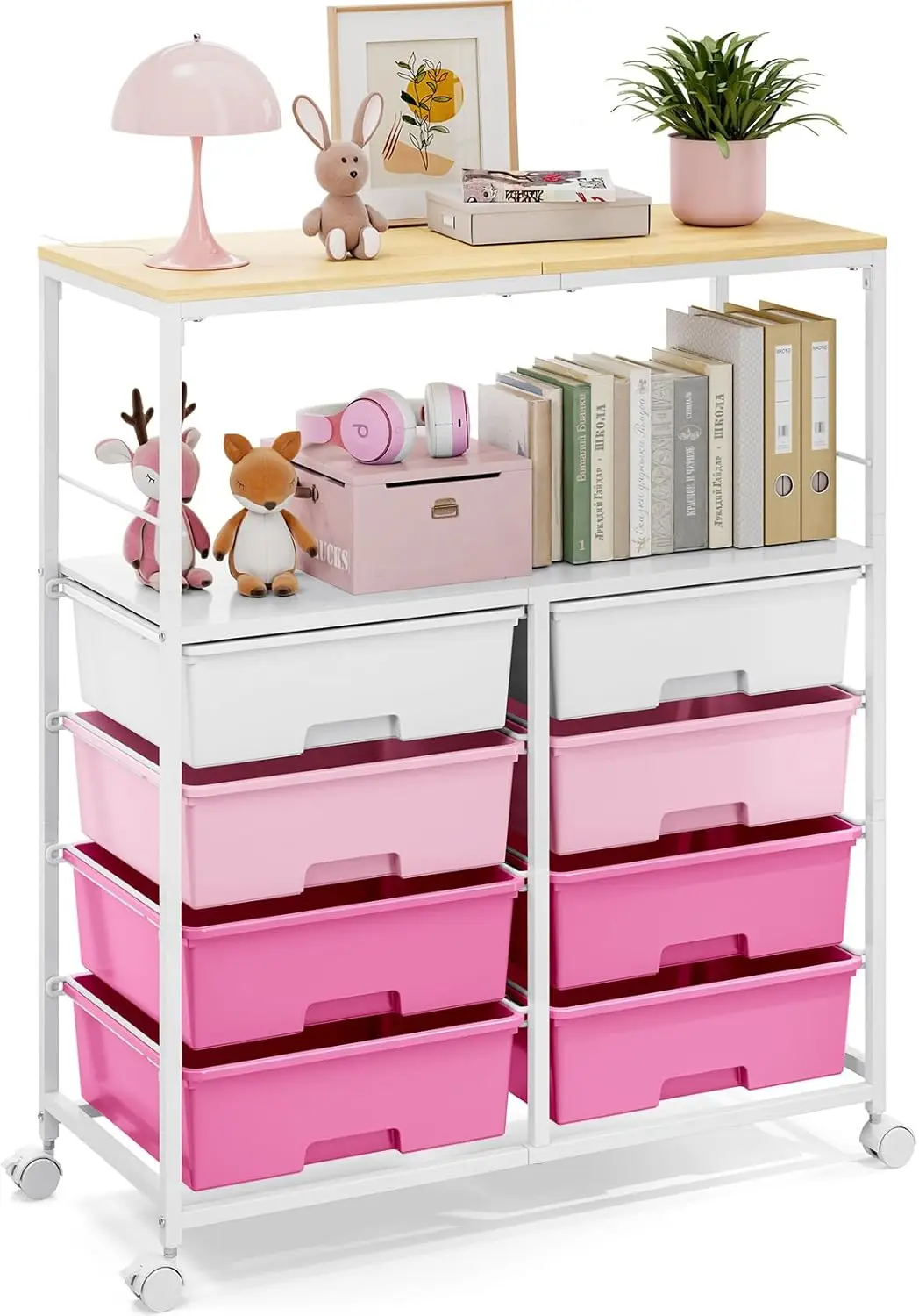 

8-Drawer Rolling Storage Cart with Wooden Top, Lockable Wheels, Pink