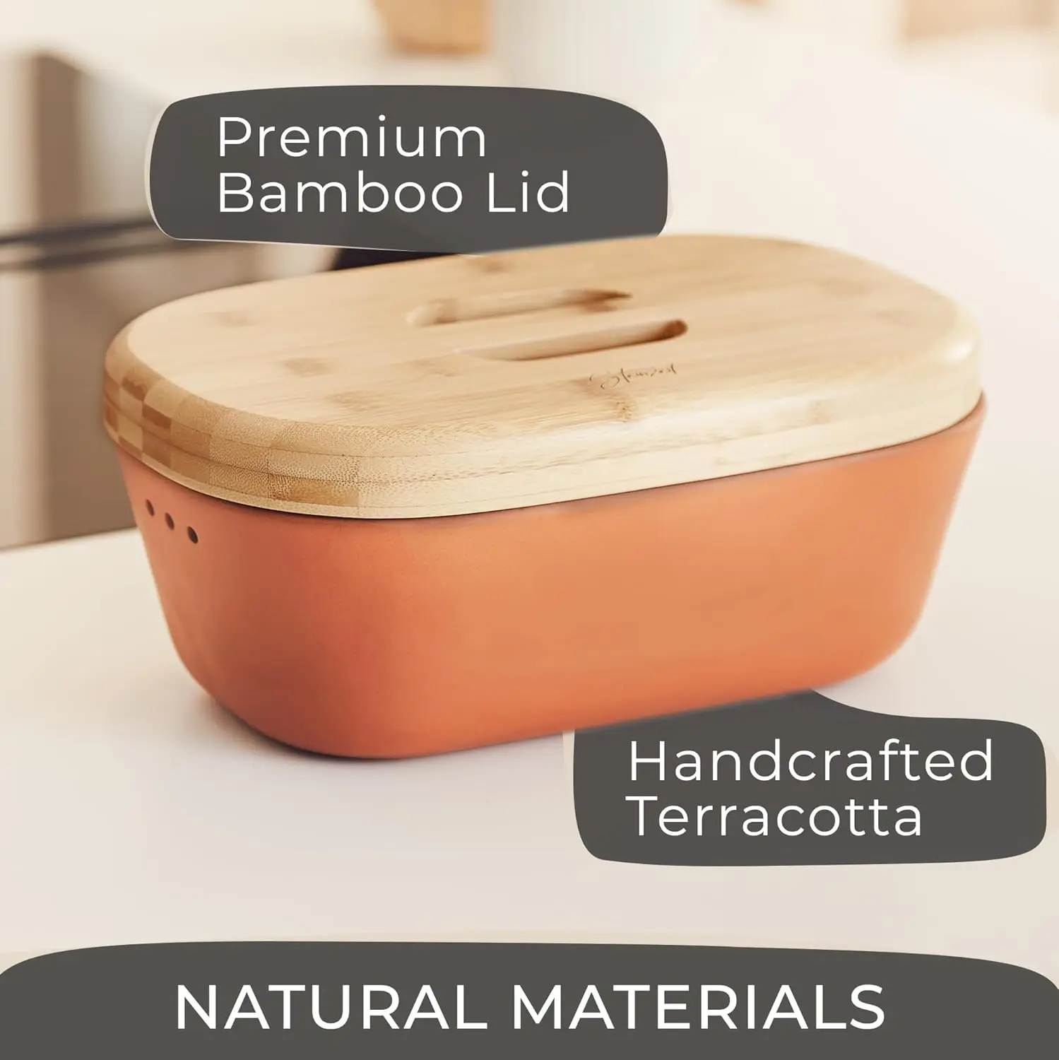 Breathable Terracotta Bread Box (9.8x5.1x3.9 inches) - Keeps Bread Fresh Longer for Kitchen Countertop