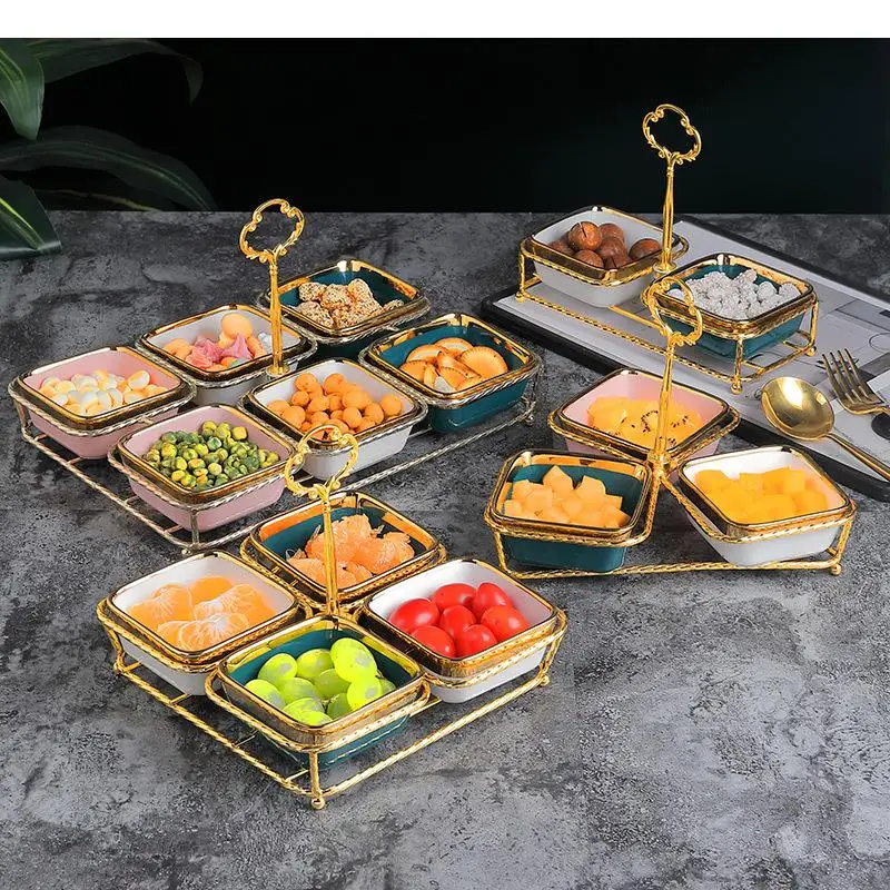 Household Ceramic Square Snack Platter with Metal Frame Table Decoration Dessert Fruit Plate Candy Serving Tray