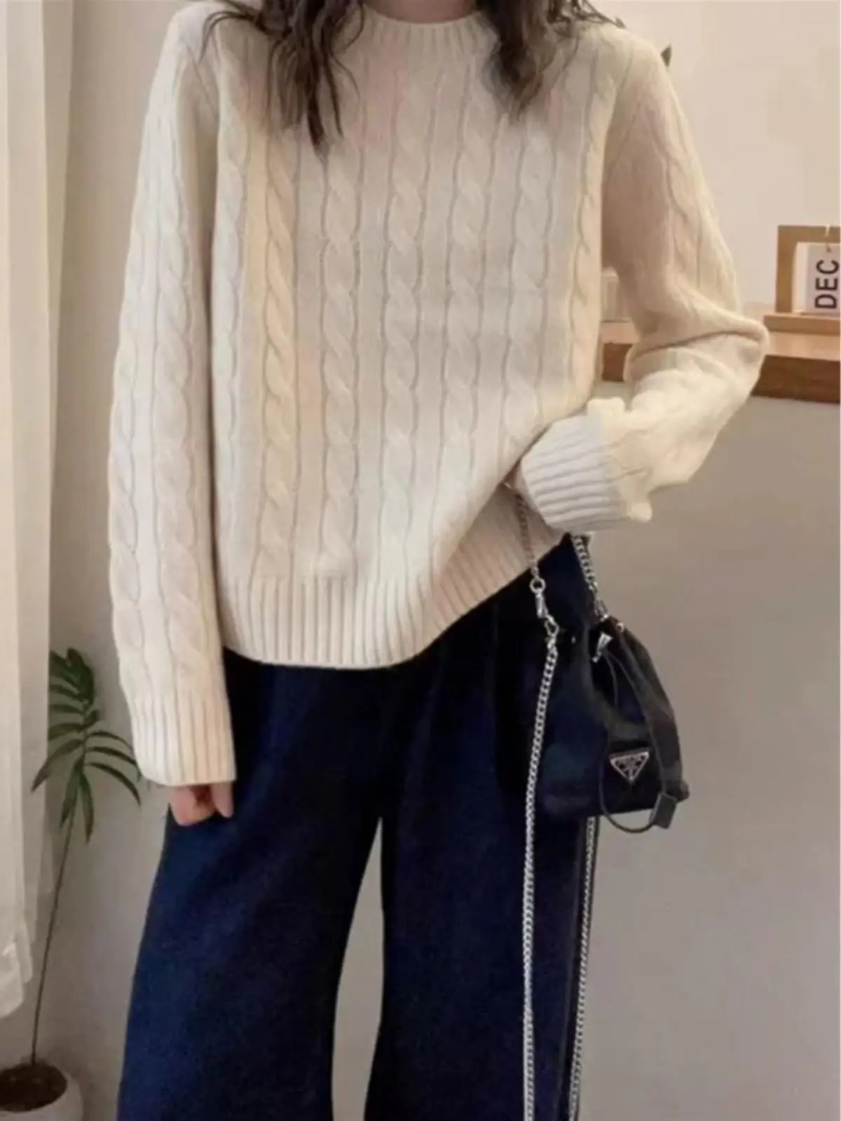 

Thiened round Ne Camere Knitted Sweater Women Autumn Winter Loose Slim Fit oulder Stand Woolen Base Layer Sweater