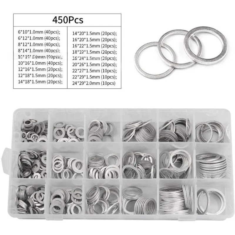 450PCS Automotive Metric Oil Drain Plug Gasket, Crush Washer Set, Aluminum Flat Washer Assortment KitAssorted Washers.