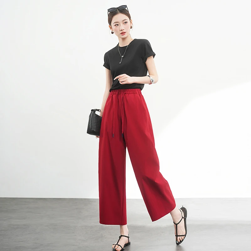 

Red Curved Hem Pants Spring And Summer Anti-Wrinkle Bubble Pants Women'S Casual Balloon Pants Cropped Wide-Leg Pants