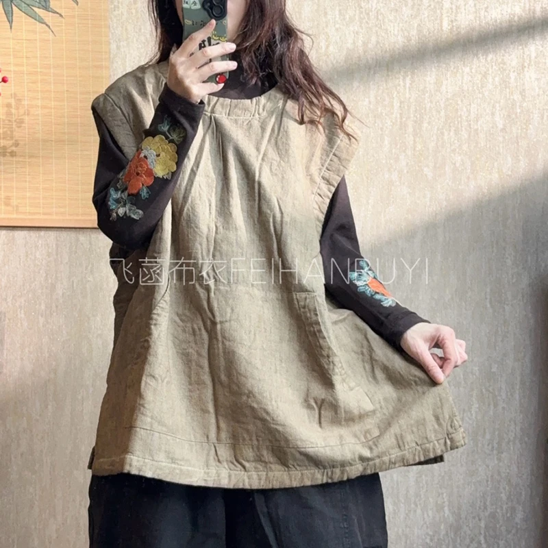 

2025 New Arrival Winter Women Loose Casual Sleeveless O-neck Pullover Vest Warm Thickened Cotton Linen Outerwear & Coats F149