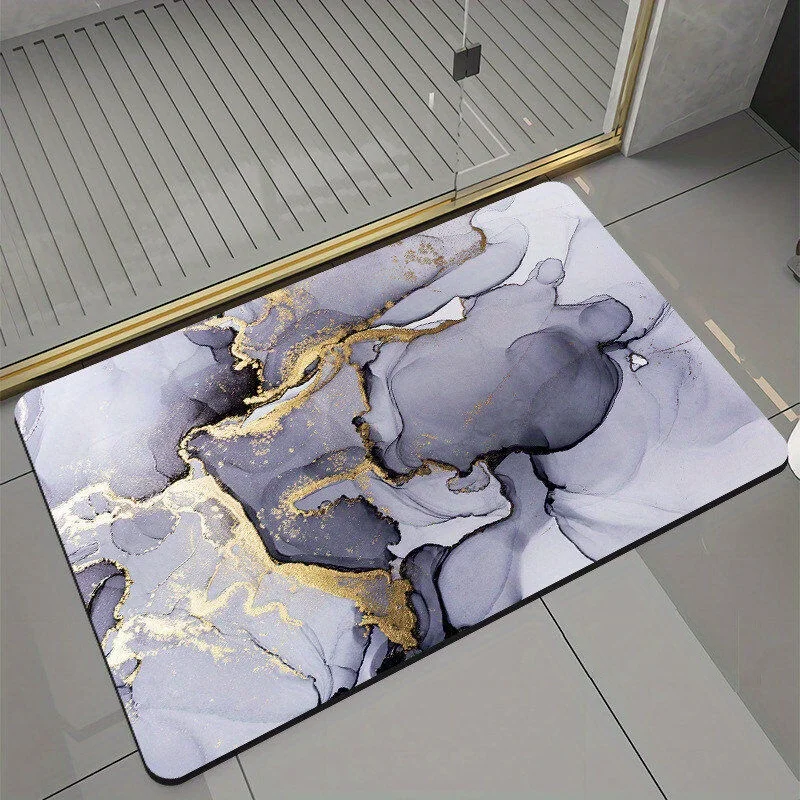 2D Flat Grey Marble Texture Gold Veins Luxury Flannel Bath Mat Non Slip Modern Elegant Carpet For Bathroom LivingRoom FloorDecor