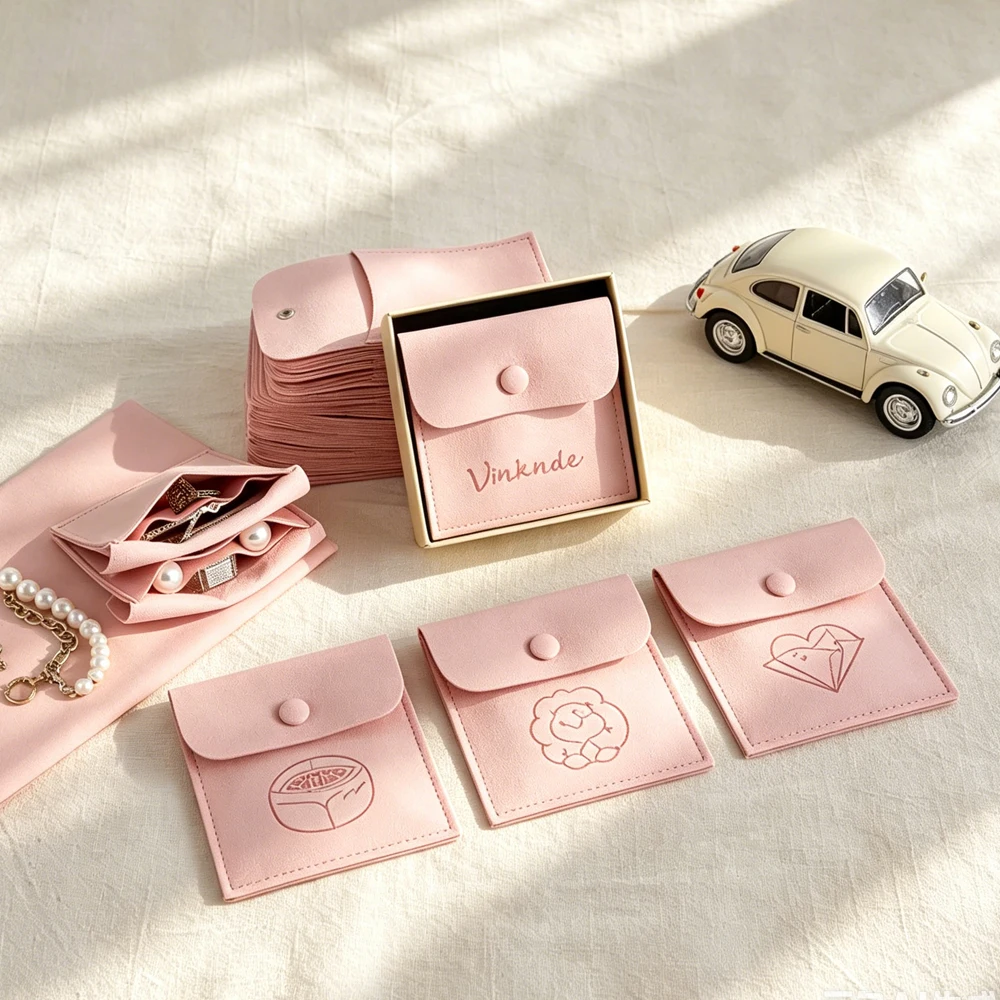 

50/100Pcs Personalized Logo Microfiber Snap Jewelry Bag 8x8cm Suede Pouches with Divider Keychain Brooch Earrings Gift Organizer