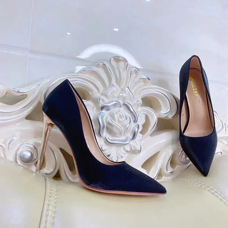 Women 10.5cm High Heels Silk Pumps Wedding Bridal Stiletto Wine Red Blue Heels Lady Scarpins Office Party Stripper Satin Shoes