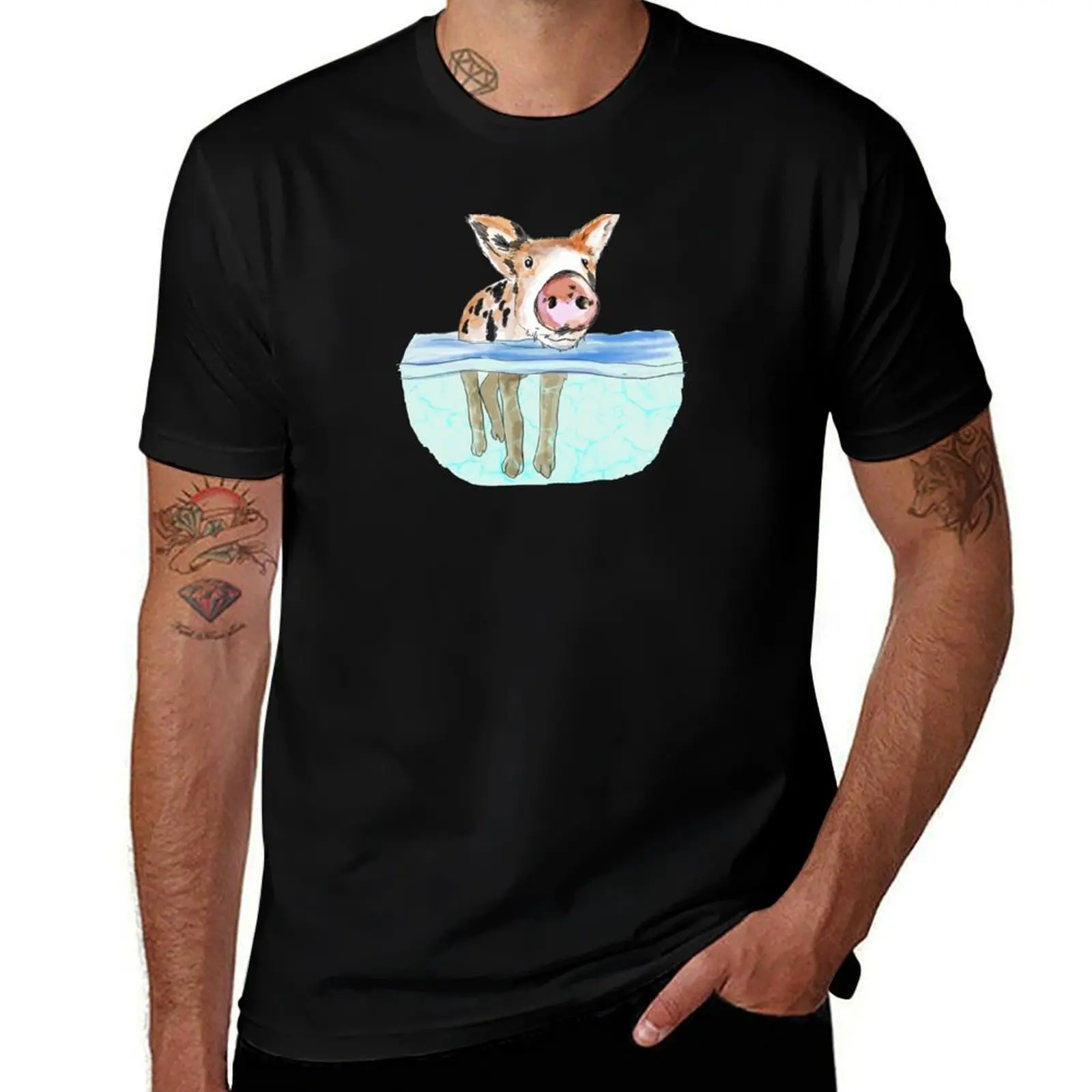 Bahamas Floating Swimming Piglet T-Shirt Basic Simple Casual Short Sleeve Tee