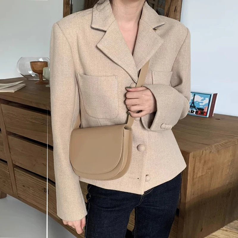 Elegant Notched Collar Single Breasted Jackets Women Solid Slim Fit Long Sleeve Coats 2024 Autumn New All-match Blends Crop Top