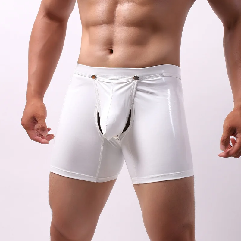 

Удлиненные шорты-боксеры из искусственной кожи для мужчин, сексуальные плавки с заниженной талией и пуговицами спереди и сзади, забавные плавки для ног с отделением с карманами